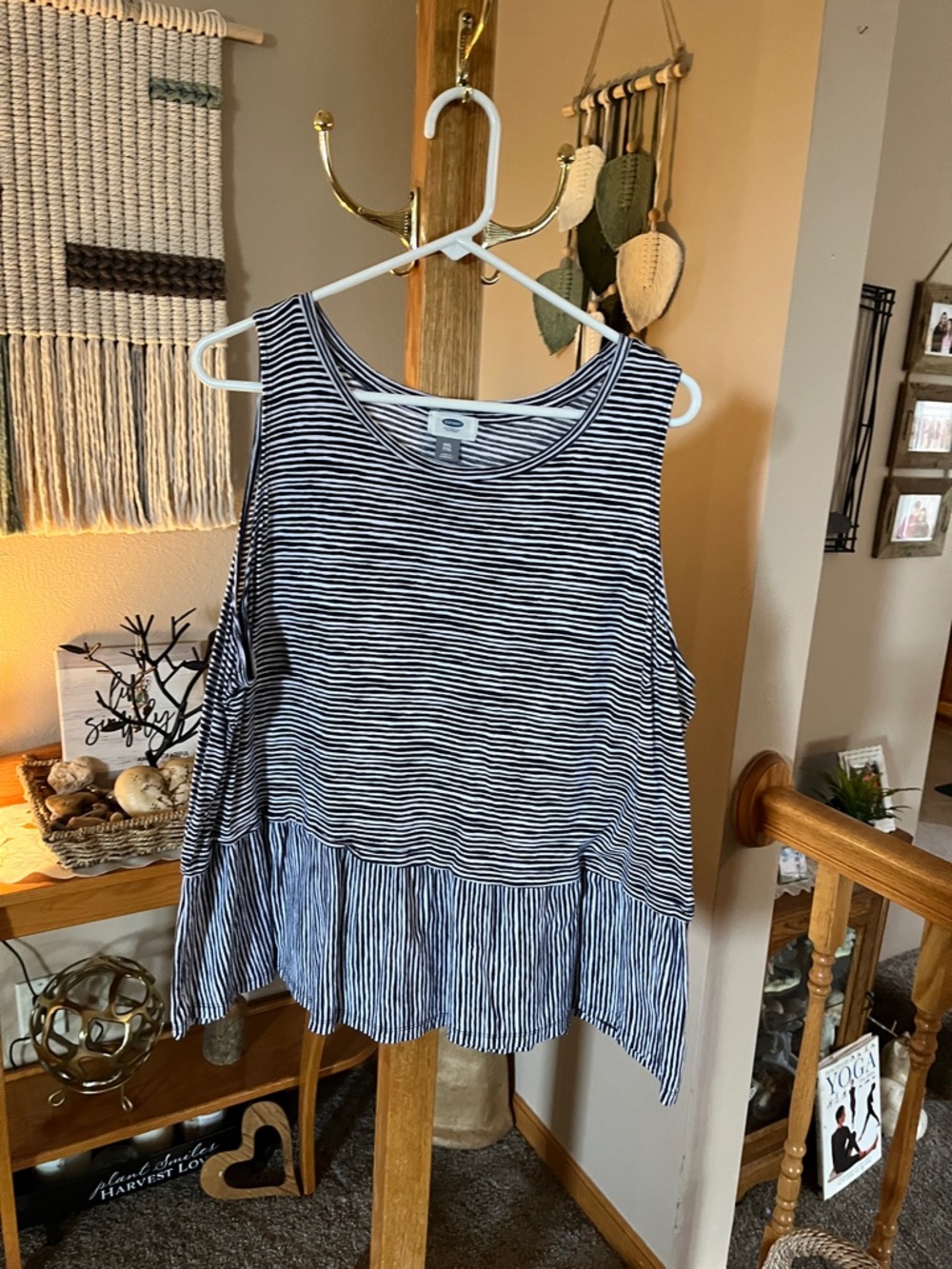 Old Navy Navy and White Striped Ruffle-Hem Tank